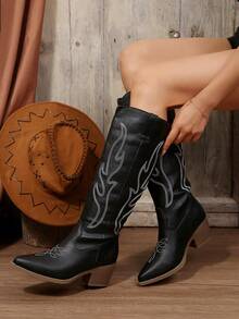 FVPFVP Vintage Embroidered Western Cowgirl Boots For Women, New 2025 Summer Riding Boots, Chunky Heel Brown Tall Boots, Slim Fit Women Shoes - Black - View 2