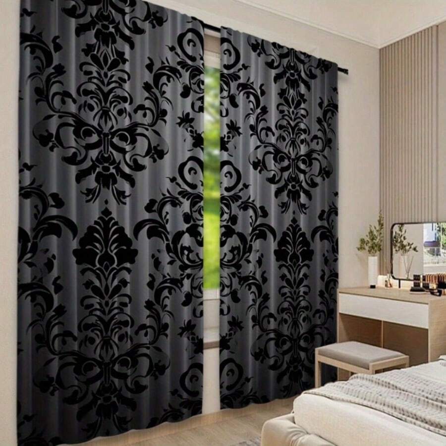 2pcs Set Vintage Black Floral Curtains - Antique Victorian Gothic Style, Rod Pocket Design For Easy Hanging, Perfect For Living Room & Bedroom Decor - Multicolor - View 1