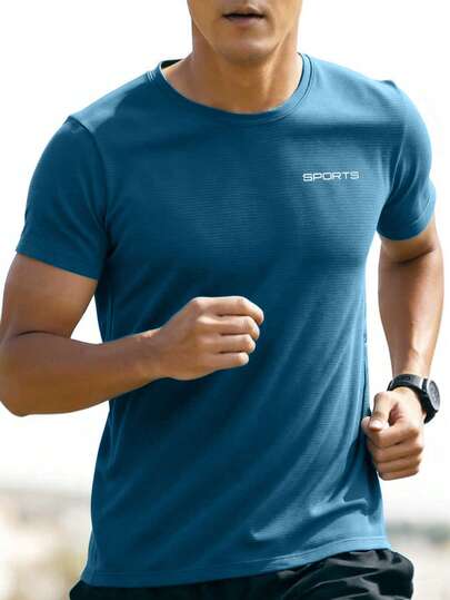 1 قطعة تي شيرت كاجوال بطباعة أنيقة بياقة دائرية وأكمام قصيرة، لباس علوي رياضية مصنوعة من نسيج قطني مريح وخفيف الوزن مناسب للرياضة والتمارين الخارجية