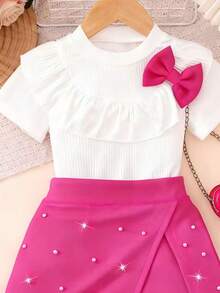 Bộ đồ hè ngọt ngào kiểu Âu & Mỹ cho bé gái, áo tay bồng màu trắng có gân + quần váy đính đá màu hồng cánh sen, thiết kế nơ xinh xắn, trang phục công chúa đa năng cho trẻ em, phù hợp mặc hàng ngày, dự tiệc sinh nhật, mềm mại và thoáng khí, dành cho bé 4-7 tuổi. - Màu Hồng Tươi - Xem 4