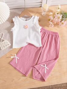 Summer Baby Girls Cute White Floral Sleeveless Top & Pink Bow Wide Leg Loose Pants Casual Outfit - White - View 1