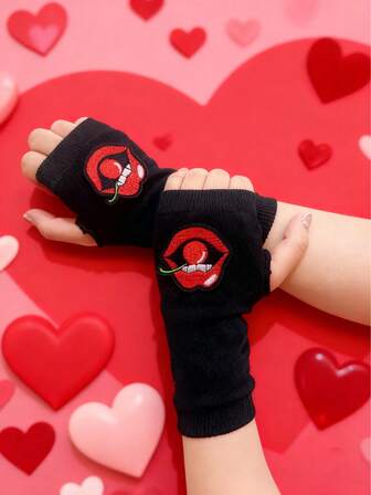 1 Pair Valentine's Red Lip & Cherry Short Black Elastic Knit Gloves