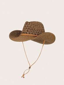 1pc Handmade Fashionable Panama Cowboy Straw Hat, Bohemian Style Beach Sun Hat, Windproof Casual Hat, Suitable For Vacation Travel, Random Color Brim Rope - A - View 10