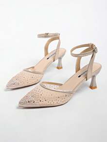 Women's High Heel Sandals, Strap , Pointed Toe, Rhinestone Mesh, Sexy, Plus Size, Open Toe Slides - Gold - View 3