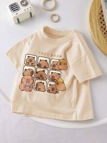1pc Fuzzy Capybara Plaid T-Shirt, "CAPY BARA" Slogan Top, Suitable For School Daily Wear In Spring/Summer - Apricot - View 2