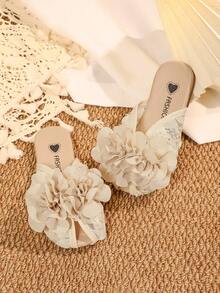 1 Pair Girls' New Gold Flower Hollow Mesh Embroidery Design Cute Sandals/Slippers, Suitable For 2-15 Years Old, Summer Outing, Holiday - Beige - View 6