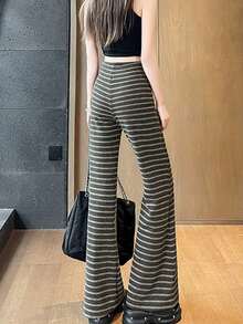 女士条纹喇叭休闲运动裤，高腰显瘦宽松版型，春季新款 - 灰色 - 查看 5