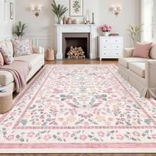 Washable 8x10 Floral Non Slip Low Pile Stain Resistant Area Rugs For Living Room, Bedroom, Girls Room, Farmhouse Dining Room - Pink - Hồng - Xem 1