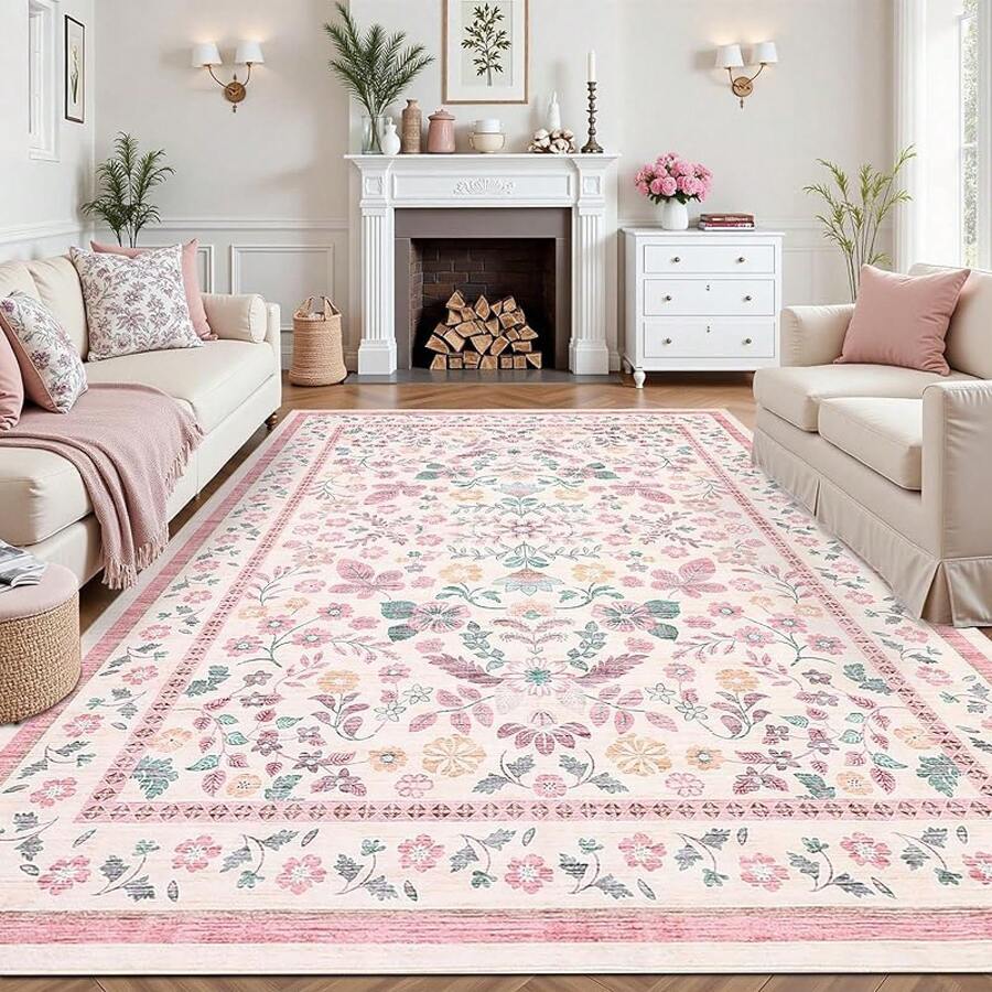 Washable 8x10 Floral Non Slip Low Pile Stain Resistant Area Rugs For Living Room, Bedroom, Girls Room, Farmhouse Dining Room - Pink - Hồng - Xem 1
