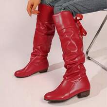 Women's Plus Size Long Pleated Boots, Solid Color, Easy To Wear Design, Round Toe, Medium Square Heel, Suede Lining, PU Upper, Rubber Sole - Màu đỏ đậm - Xem 3