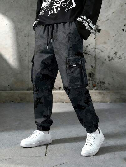 1pc Men's Camouflage Print Pants, Outdoor Hiking Multi-Pocket Cargo Pants, Casual Loose Comfortable Sweatpants For Daily Wear, Commuting, Running, Training, Jogging, Fitness, Ankle-Length, Suitable For Halloween