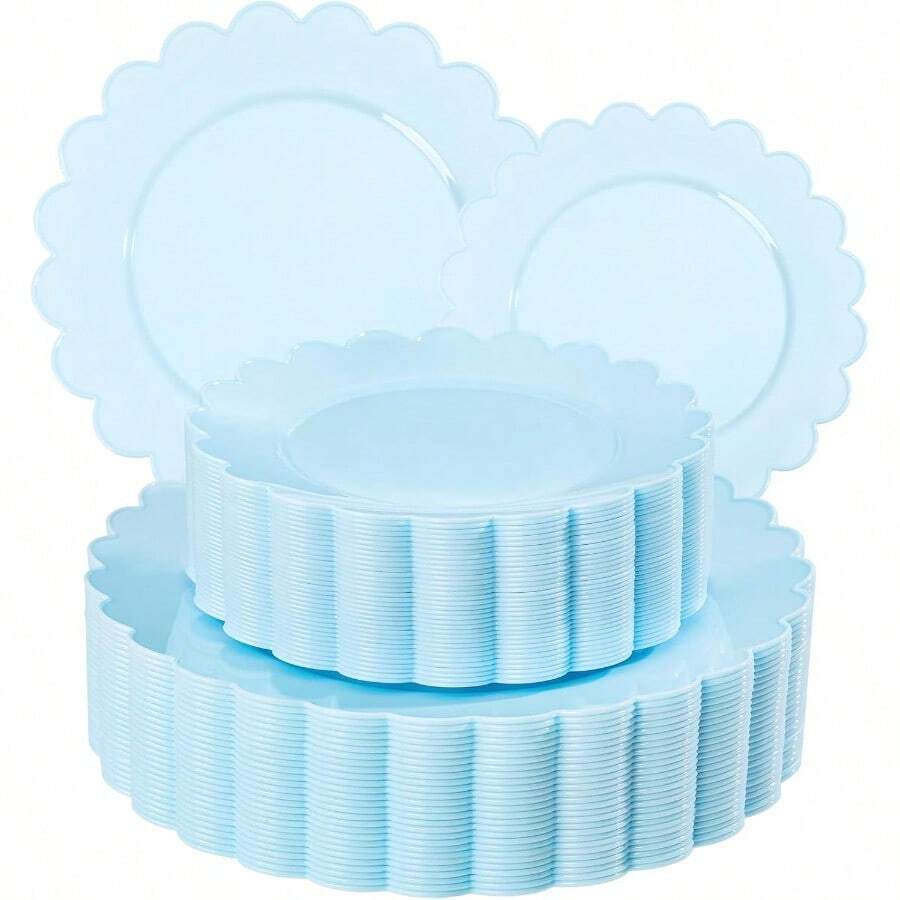 100pcs Blue Scalloped Plastic Plates-Blue Disposable Plates Heavy Duty-Disposable Plate Set For Party Wedding-Include 50 Plastic Dinner Dert Plate Perfect For ThanksgivingChristmas - 100 chiếc đĩa nhựa màu xanh dương - Xem 1