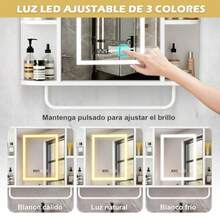 CYEspejo para Baño con Luz LED y Pantalla de Hora Espejos de Vanidad Montados en Pared con 3 Color Gabinete para Baño con Armario de Pared y Toallero Armario de Almacenamiento Blanco - Blanco - Ver 5
