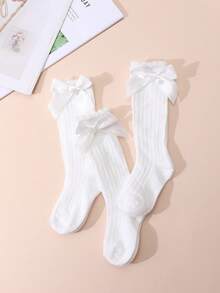 3双女婴可爱蝴蝶结装饰中筒袜，甜美泡泡设计及膝袜，四季皆宜 - 白色 - 查看 6