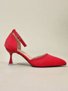 Women's Fashionable Elegant Pointed Toe Hollow Single Strap High Heel Shoes, Low Heel Thin Heel Ankle Strap Wedding Party Dress Shoes, Red Kitten Heel Pumps, Spring/Summer - Đỏ - Xem 3