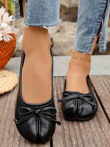 New Bowknot Toe Separating Flat Shoes, Women Round Toe Slip-On Mule Shoes, Retro Women Shoes - Black - View 5