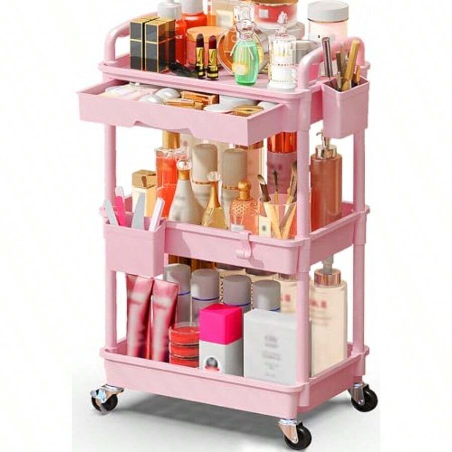 Makeup Cart Organizer With Drawers Floor Skincare Organizers Vanity Storage Organizer Rolling Makeup Bathroom Storage Cart Cosmetics Display Cases For Skin Care Perfume Nail Polish Pink - 粉紅色+3層 - 查看 1