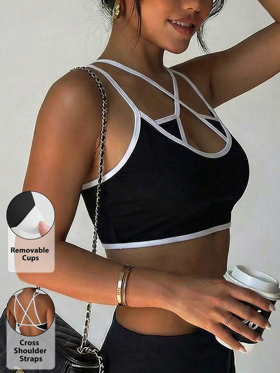 女士黑白时尚可拆卸衬垫前后背心式运动针织文胸 - 黑色 - 查看 1