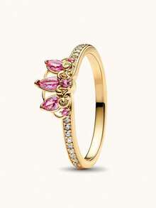 1 Pc Gold Ring Jewelry, Pink Gemstone Crown Design Style, Luxurious And Generous Ring, Suitable Ladies' Weddings, Banquets, And Girls' Daily Life Decoration Gifts - 黃金 - 查看 5