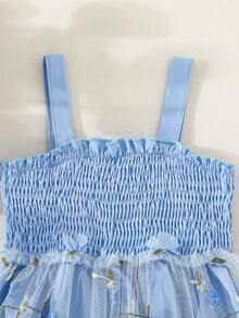 Summer Baby Girl Casual Cute Ruffle Trim Collar & Cuff Mesh Overlay Dress - Light Wash - View 3