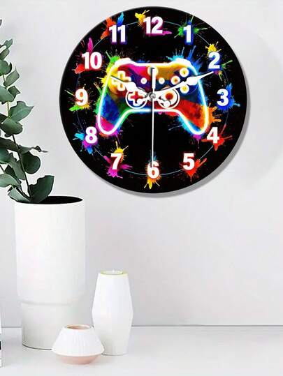 1 pieza Reloj de pared silencioso con tema de juegos electrónicos de 10"/12" - Pantalla de dígitos de madera redonda, adecuado para dormitorio, sala de estar, decoración de bar, regalo perfecto para fiestas, decoración de reloj de pared con tema de juegos de dormitorio, funcionamiento silencioso