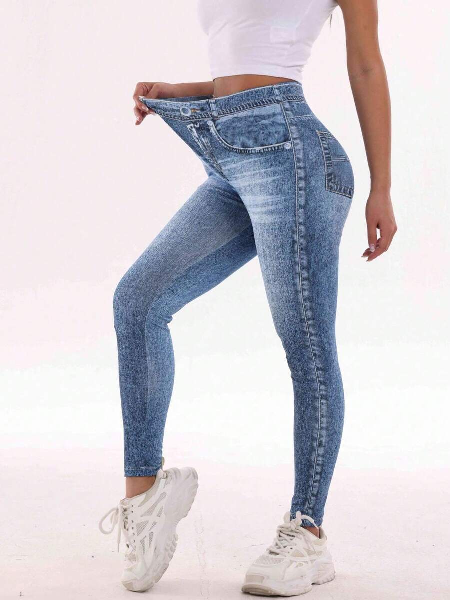 Legging Olahraga Pinggang Tinggi Motif Efek Denim, Celana Ketat Kasual Elastis, Pilihan Pas yang Nyaman, Ukuran Plus untuk Olahraga Musim Gugur - Biru - View 1