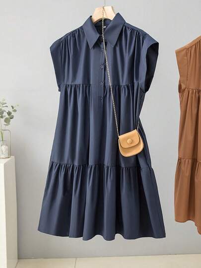 2026 Spring/Summer Plus Size Women's Shirt Dress, Short Sleeve, Lapel Collar, Button Front, Ruffle Hem, Woven Fabric, Non-Stretch, Casual Summer Outfit, Suitable For Eid Al-Fitr And Other Festivals