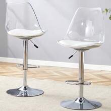 Set Of 2 Modern, Adjustable Bar Stools With Transparent Plastic Backrests, Faux Leather Seats, And Silver Metal Legs. Height-Adjustable And 360° Swivel, They Are Suitable For Kitchens And Bistros. - Transparent + Silver - View 3
