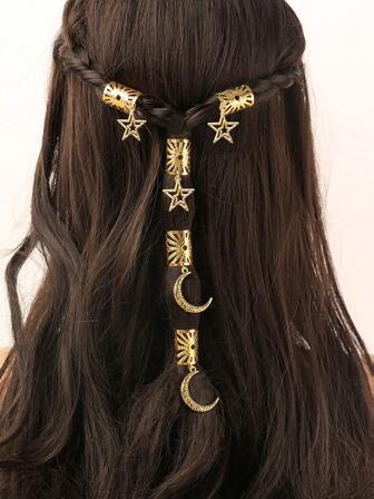 5pcs Eid Mubarak Gold Sun, Star, Moon Tassel Decor Set - Boho Cute Hiphop Hair Clips, Headband, Hair Rings, Braided Rings - Eid Gift, Party Accessories