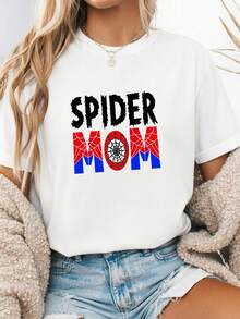 Spider Web Mom T-Shirt 100% Cotton Short Sleeve Crew Neck Mothers Day Birthday Gift For Women Superhero Graphic Tee Funny Mommy Spidey Design Novelty Soft Breathable Casual Summe-2 - 白色1 - 查看 2