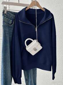 Women's Solid Color Drop Shoulder Long Sleeve Zip-Up Half Placket Casual Hoodie,Summer/Spring - 藍色 - 查看 3