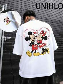Disney UNIHLO Street Life Men's Casual Loose  Valentine's Day Love  Cartoon  Print Short Sleeve T-ShirtSummer - 白色 - 查看 1