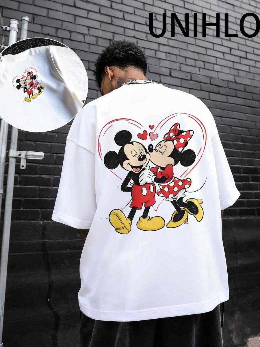Disney UNIHLO Street Life Men's Casual Loose  Valentine's Day Love  Cartoon  Print Short Sleeve T-ShirtSummer - 白色 - 查看 1
