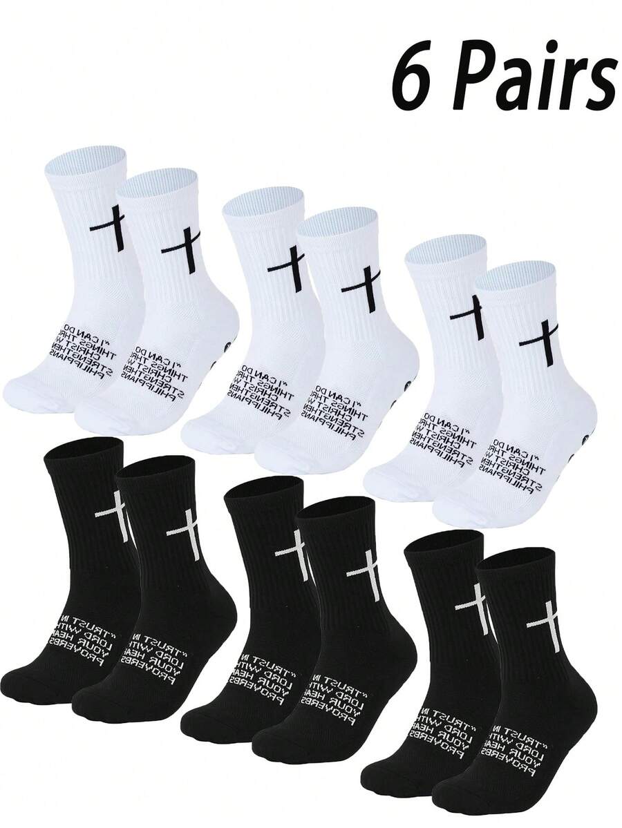 6 Pairs Football/Basketball Socks, Professional Training & Match Sports Socks With Cross Design, Thickened Terry Cloth Bottom, Non-Slip Moisture-Wicking, Unisex All Season - Multicolor - View 1