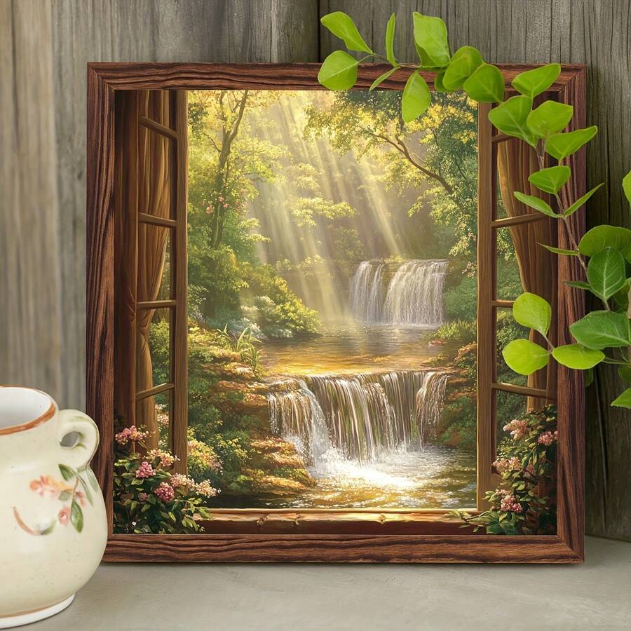 2D Plane - Vintage Style 2D Plane Wall Art, Depicting A Tranquil Scenery With A Sunlit Waterfall, Wooden Frame.The Size Is 8.0X 8.0inch , And It Includes Elements Such As Pine Cones And Lavender Branches. It Is An Ideal Decorative Gift For The Home. - Nhiều màu - Xem 1