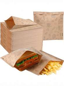 100pcs Brown Food Sealing Bags, Oil-Free Self-Adhesive Ziplock Bags, Suitable For Sandwiches, Bread, Burgers, Fries, Picnics, Parties, Etc. (Packaging Design May Vary Due To Printing Batch; Random Delivery.) - Brown - View 1