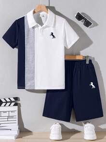 2pcs Boys Loose Fit Casual Short Sleeve Polo Collar T-Shirt With Cartoon Pattern Collar And Shorts Set - Royal Blue - View 1