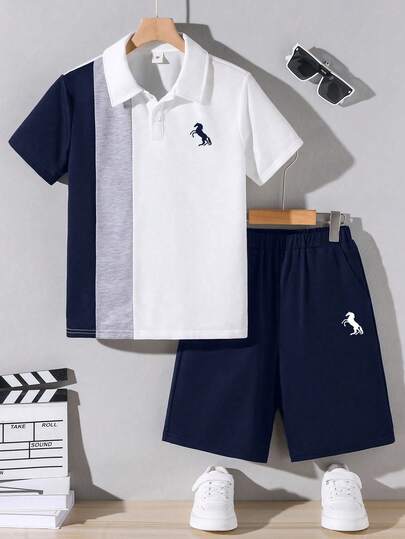 2pcs Boys Loose Fit Casual Short Sleeve Polo Collar T-Shirt With Cartoon Pattern Collar And Shorts Set