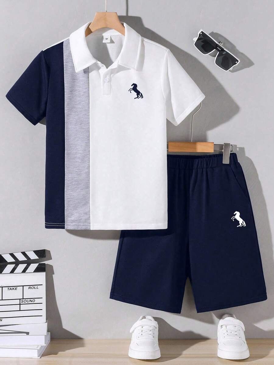 2pcs Boys Loose Fit Casual Short Sleeve Polo Collar T-Shirt With Cartoon Pattern Collar And Shorts Set - Royal Blue - View 1