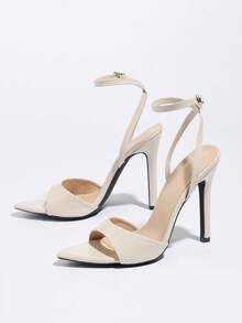 Jin Bei Qi 女士高跟鞋，光泽亮丽的高品质软镜面材质，尖头性感细高跟鞋，适合春夏夜店、高端派对、户外时尚展览等场合，可调节踝带杏色女士凉鞋，百搭高跟鞋，可搭配连衣裙，优雅鞋履 - 杏色 - 查看 9