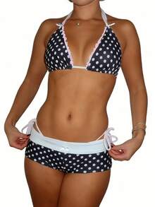Women's Bikini Shorts Sets Halter Triangle Top With Bow Micro Boyshorts Gingham Swimsuit Cheeky Pool Beachwear - màu đen - Xem 1
