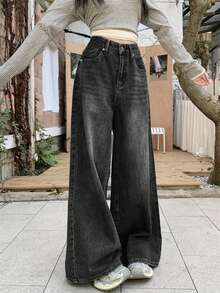 女式口袋宽松阔腿休闲牛仔裤