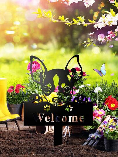 1 件吉娃娃宠物造型欢迎花园插牌，黑白铁艺户外欢迎牌，庭院草坪可爱宠物装饰摆件，可爱ins风园艺用品