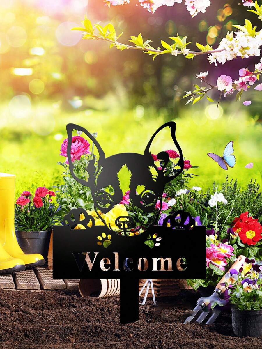 1 件吉娃娃宠物造型欢迎花园插牌，黑白铁艺户外欢迎牌，庭院草坪可爱宠物装饰摆件，可爱ins风园艺用品 - 彩色 - 查看 1