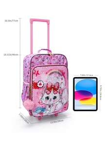 BLING BABIES Maleta infantil con ruedas, de material con lentejuelas, con patrón de gato rosa doble, con función de brillo en la oscuridad, maleta de mano para la escuela primaria, adecuada para fines de semana y viajes - Rosa - Ver 3