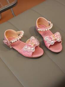 1 Pair Toddler Girls' Fuchsia Flat Sandals, Soft Leather With Colorful Rhinestone Butterfly Decor, Round Toe, Non-Slip Soft Sole, Adjustable Strap, Fashion Princess Style Beach Sandals For 3-12 Years Old, Spring/Summer 2026 - Hot Pink - View 4