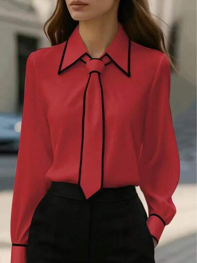1pc Women's Contrast Color Trim Knot Elegant Long Sleeve Blouse, Suitable For Holiday, Office, Daily Wear, All Seasons
