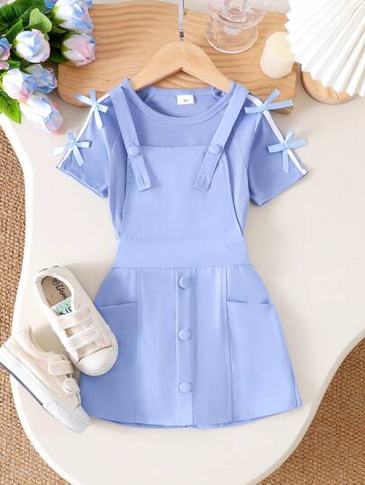 2pcs/Set Young Girls' Casual Minimalist 3D Bow T-Shirt And Bib Skirt Pants Set, Summer