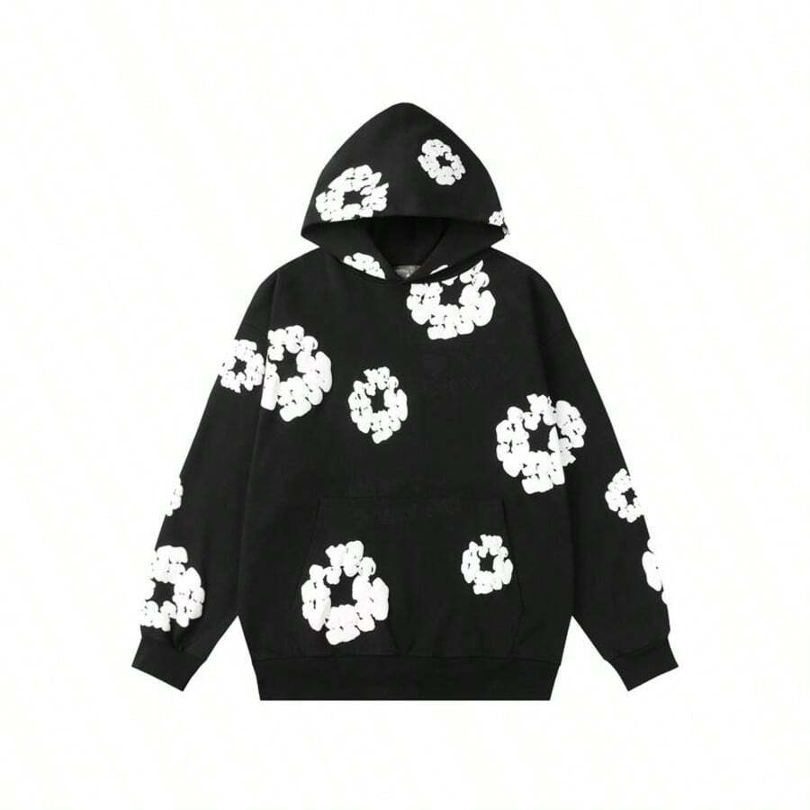 Harajuku Casual Loose Hoodie With Flower Print For Men And Women Unisex Long Sleeve Floral Pullover Versatile Casual Sweatshirt Menswear Tops Los Boyz Merch Sold Black  Spring/Fall    Loose    Pocket  Rib-Knit    Halloween  Christmas - 黑色 - 查看 1
