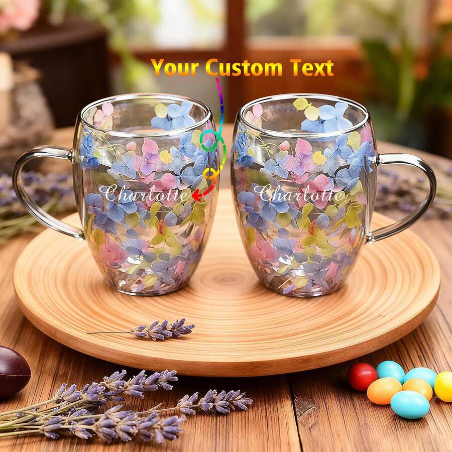 定制文字LOGO炫彩真花高硼硅双层玻璃杯，家用干花咖啡杯，创意简约耐热带手柄，花卉装饰情侣杯，送给家人、朋友、老师、父母、同事的贴心礼物 - 彩色 - 查看 1